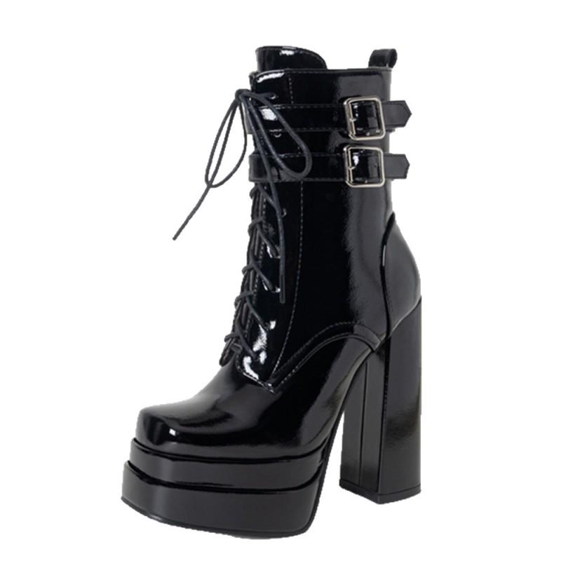 Womens Mid-Calf Fashion Boots High Heel Thick Sole Lace-Up Side Zipper Plus Size 34-45