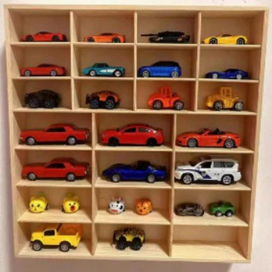 In-Stock Wall-Mounted Solid Wood Toy Rack: Multi-Grid Car Storage & Figurine Display