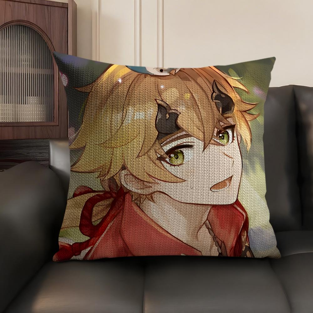 Thoma Genshin Impact Cute Cushion Cover Natural Linen Organic Fabric Double-Sided Printing Sofa Home Decor Gift Pillow Case