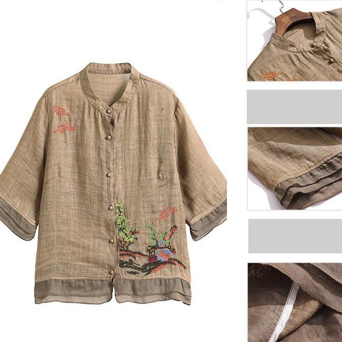 WTEMPO Retro Ramie Embroidery T-shirts Women's Ethnic Style Summer Loose Stand Collar Shirts Casual Chic Elegant Tops