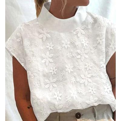 2024 Vintage Sommar Vita Toppar Casual Dam Bomull Linne Blusar Fritid Ståkrage Blus