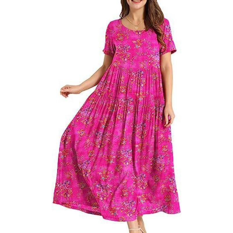 Women's Summer Beach MIDI Dress Comfortable Pleated Dress Casual Loose Floral Dress
