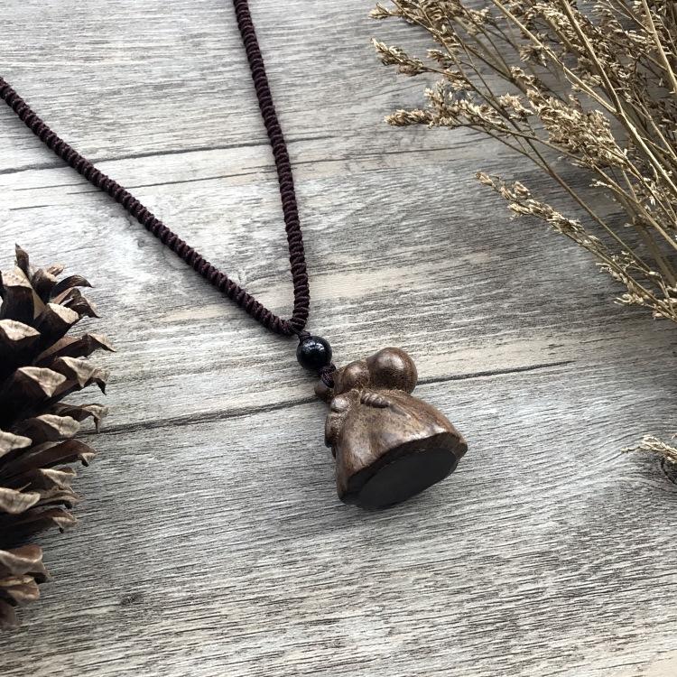 Retro Hand-carved Mahogany Long Necklace Women's Fashion Temperament Cotton and Linen Clothing Sweater Chain Accessories