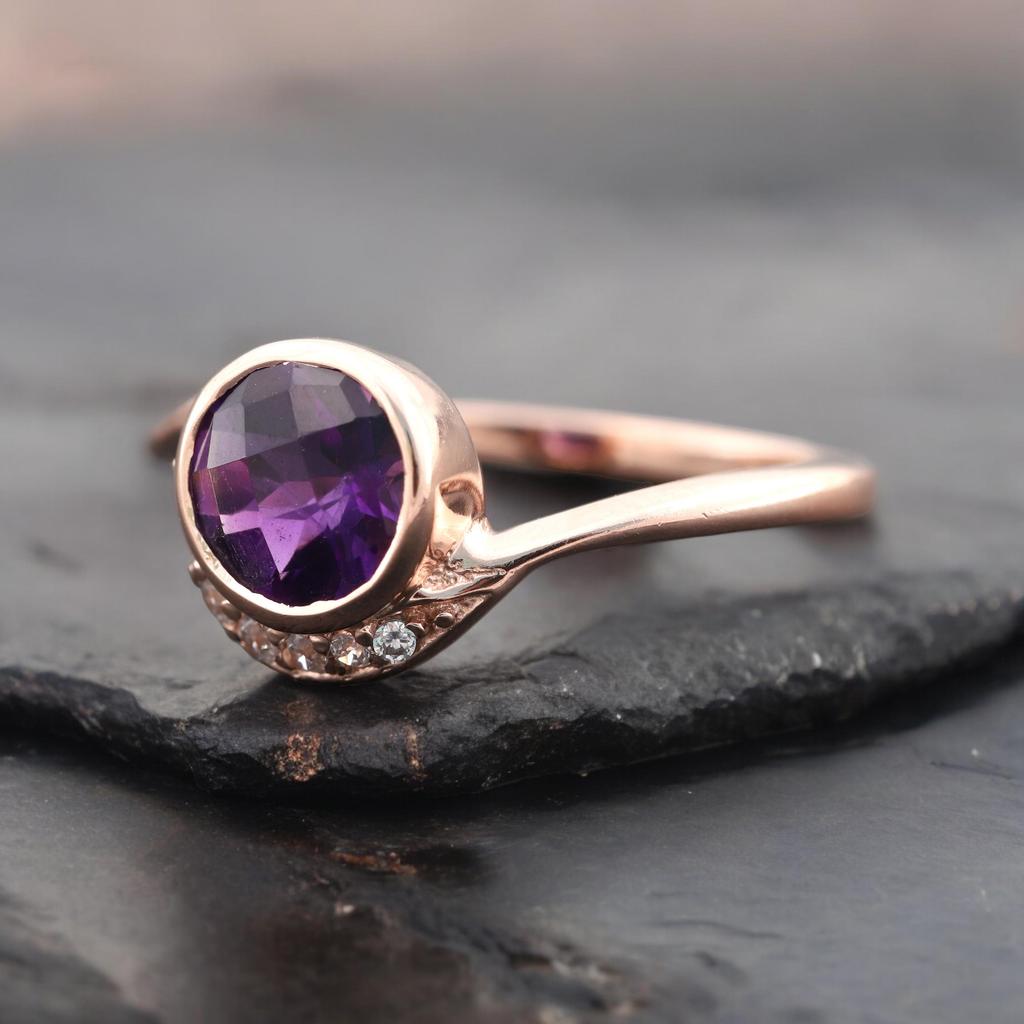 Round Cut Amethyst Ring, 14 K Rose Gold Plated Silver Bezel Engagement Ring with Diamond Accents,