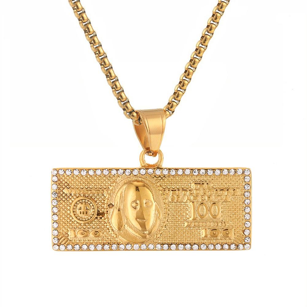 Hip Hop Iced Out Bling $100 Dollar Pendant Male Gold Color Stainless Steel Money Necklace For Men Hippie Jewelry Gift