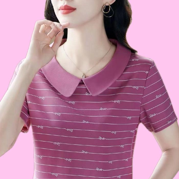 Damen Sommer Kurzarm T-Shirt Neu Locker Lässig und Vielseitig Altersreduzierend Oberteil mit Puppenkragen für Mütter mittleren Alters
