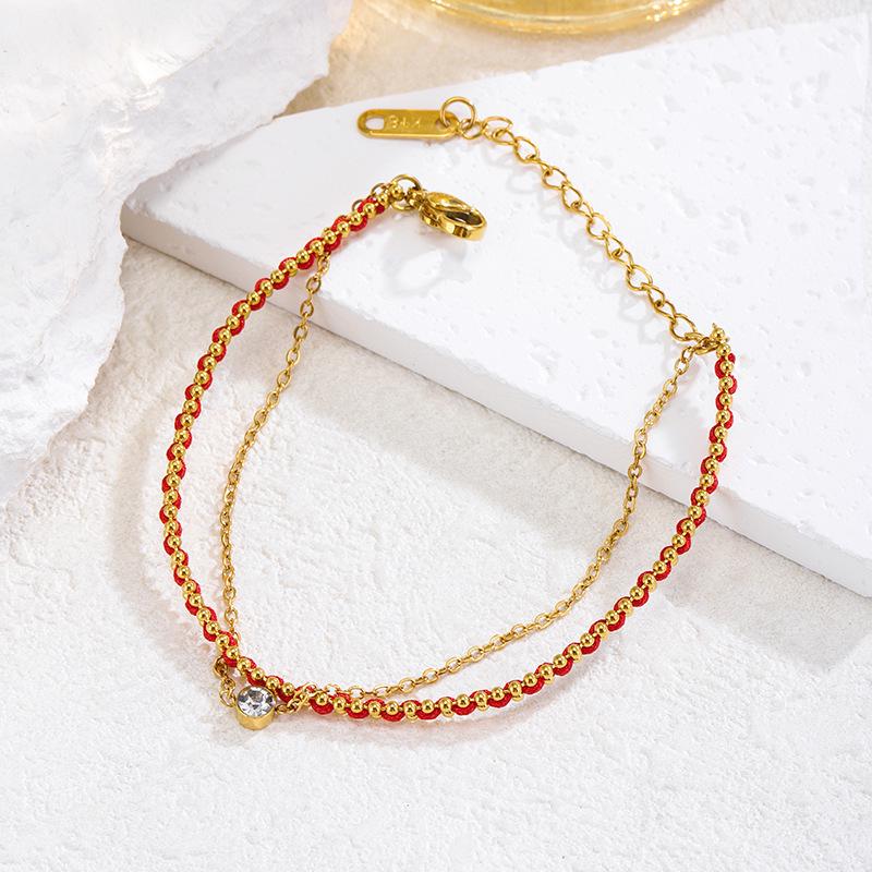 

Elegant Red Rope Bracelet: Double Layer with Diamond, Titanium Steel, Chinese Style, for Women s Luck and Fashion.