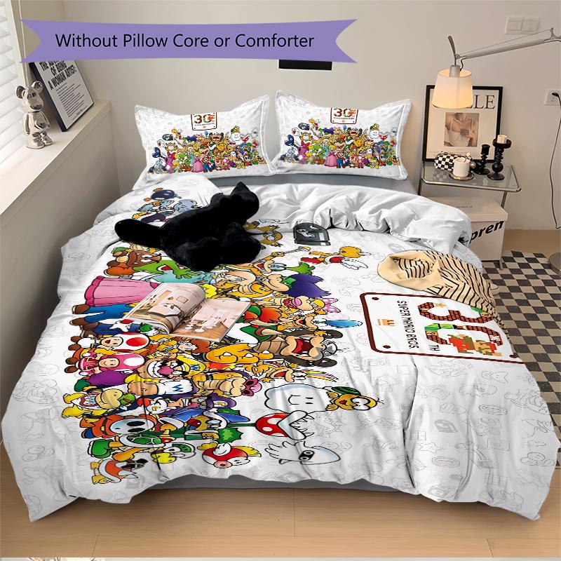 Super Mario Bros 35Th Anniversary Printed 3pcs Bedding Set Soft Microfiber 1 Duvet Cover And 2 Pillowcases Home Bedroom Decor Xmas Gift K1356