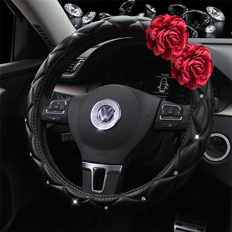 Rose Flower Women Car Steering Wheel Cover 37-38cm Universal Breathable Leather Anti-Slip Auto Steering Wheel Cover Interior