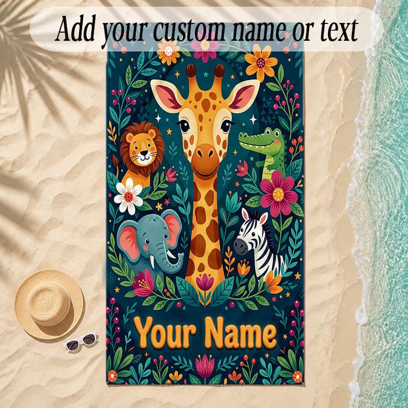 Animals Theme Soft Beach Towel Personalized Custom Name Text Towel Portable for Beach Pool Travel
