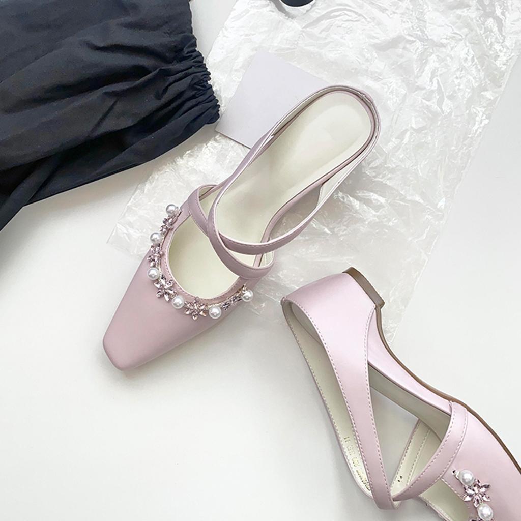 Sheepskin version~ French gentle purple cross with rhinestone knitted square head Mueller shoes for women to wear outside and cool slippers fo