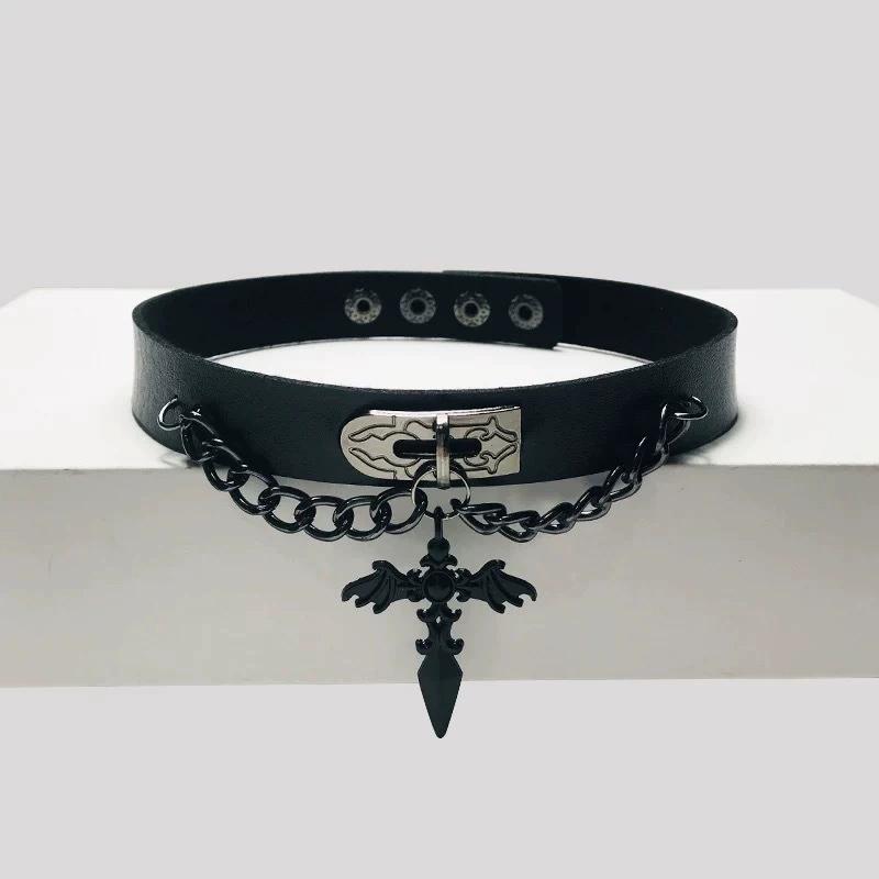 Gothic Punk Black Leather Choker Necklace for Women Red Heart Cross Charm Pendent Necklace Y2K Jewelry Unisex