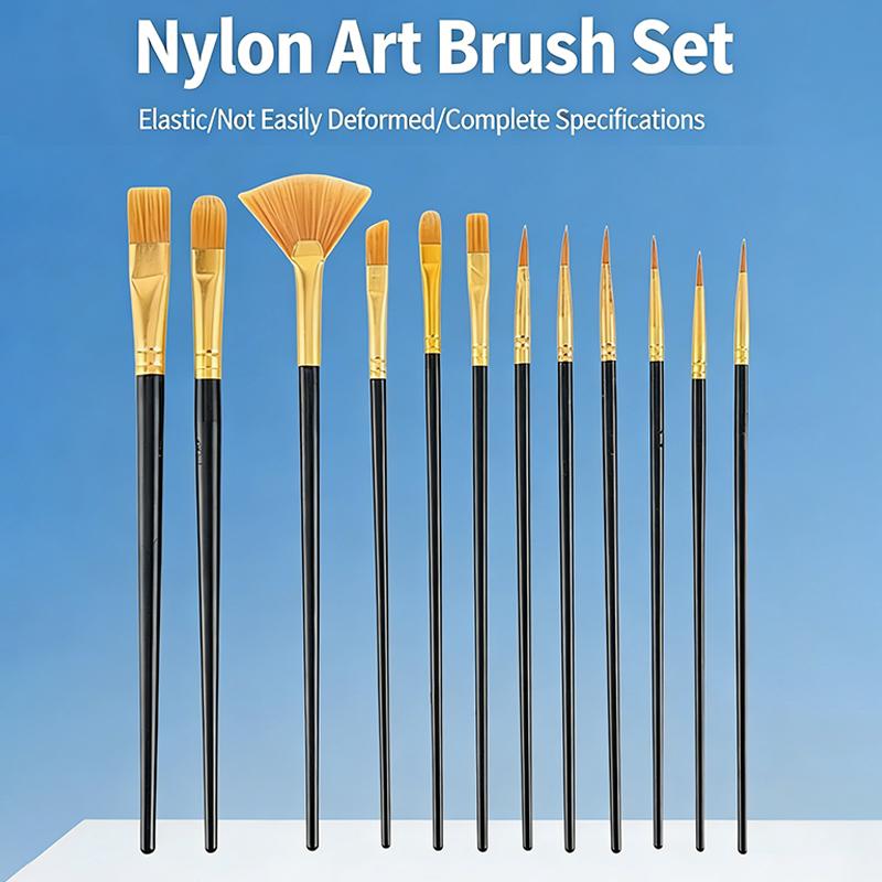 12pcs Flat Nylon Paint Brushes Set Soft Bristle Brush Set for Watercolor Oil Acrylic Painting  for Kids Home Classroom Studio