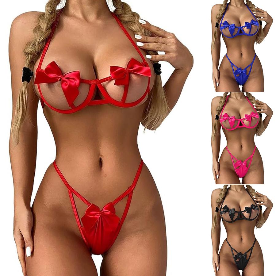 Women's Two-piece Underwire Bow Cutout Halterneck Bra And Panties Pajamas