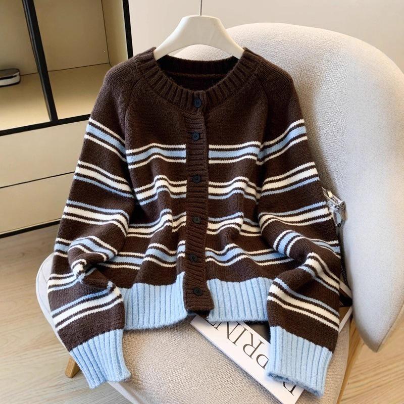 2026 Korean Mori-kei Academic Striped Knit Round Neck Cardigan