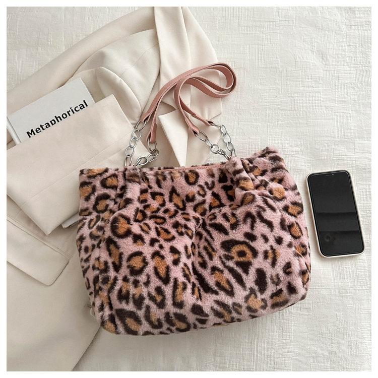 Leopard Print Plush Faux Fur Tote Bag Trendy Chain Strap Shoulder Handbag Casual Chic Design for Women