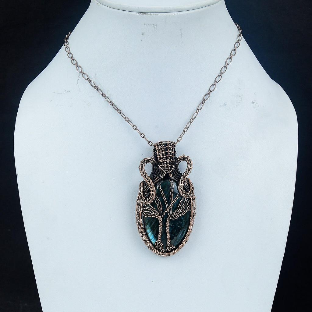 Tree Of Life Labradorite Pendant, Handmade Gemstone 999 Copper Wire Wrapped Antique Jewelry, For Gift Silver Jewelry