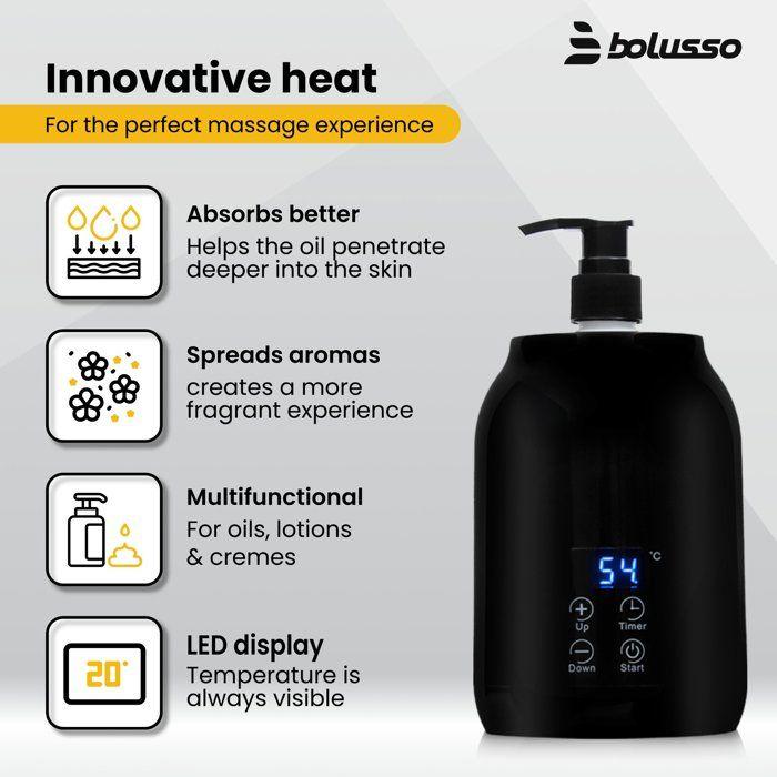 Chauffe-huile de massage - BOLUSSO - Chauffe-Huile Massage - 3 huiles (Coco, Rose, Cacao) - 2 distributeurs - Temp. 30–65°C