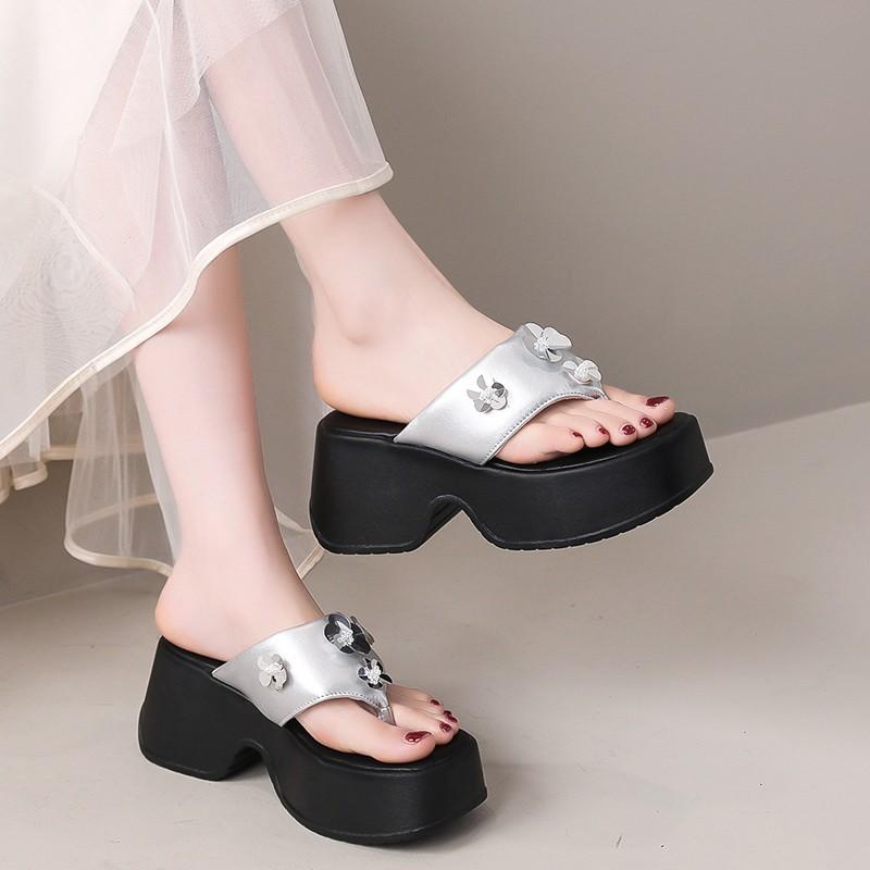 2025 Spring and Summer New European and American Style Fashion Waterproof Heel Shoes Square Head Open-toed Muffin Thick-soled One-word Slippers Women