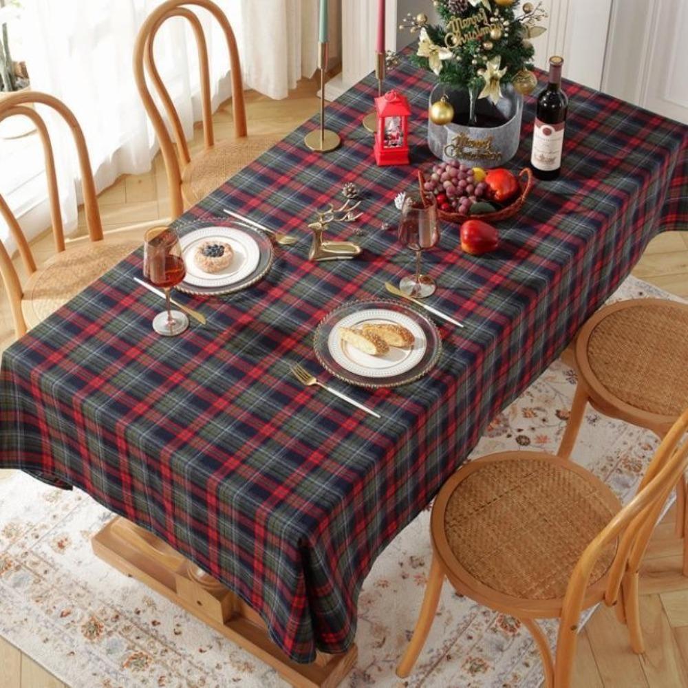 Christmas Plaid Tablecloth Square Mahjong Cover Cotton Linen Simple Table Decor
