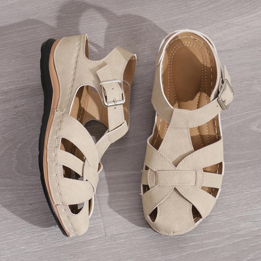 Letní kulaté vyhloubené módní jednoduché a všestranné lehké sandály, pohodlné a ležérní římské plážové sandály