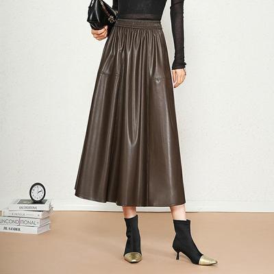 Brand Autumn/Winter Lambskin High-Waisted Pleated Skirt - Women's Street Style Fashion with Elastic Waist