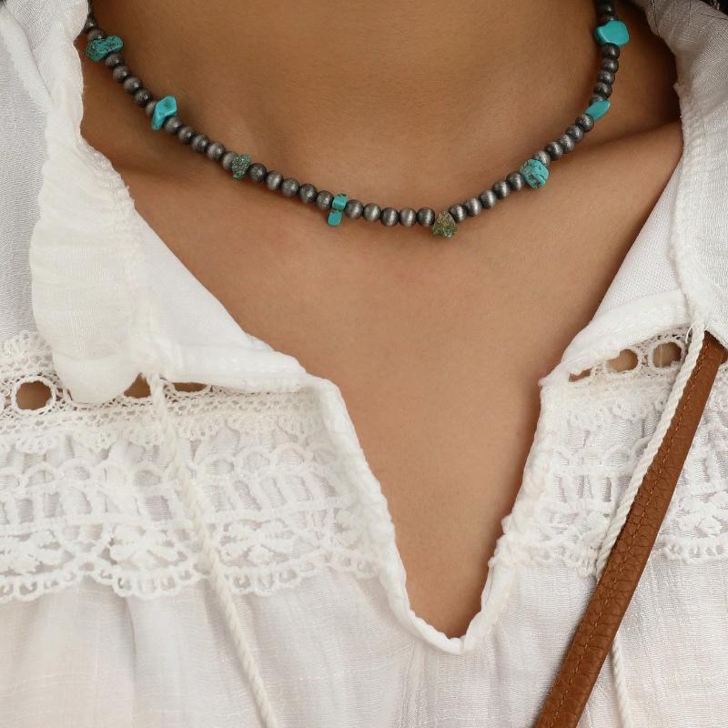 1 Pc Western Style Cowboy Vintage Turquoise & Navajo Faux Pearl Beaded Necklace Suitable for Women's Everyday Wear