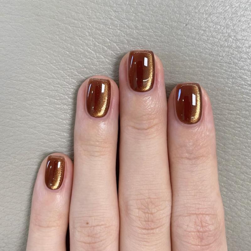 Autumn-Winter Brown Cat Eye Glitter Short Square False Nail Tips