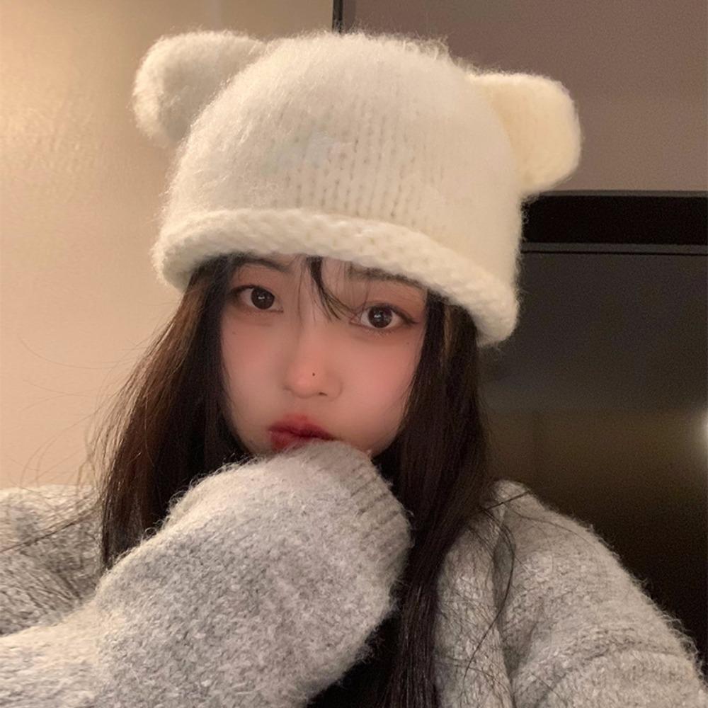 Y2K Knitted Pullover Hat Fluffy Brimless Beanie Cap Versatile Bear Ear Woolen Hat  Women