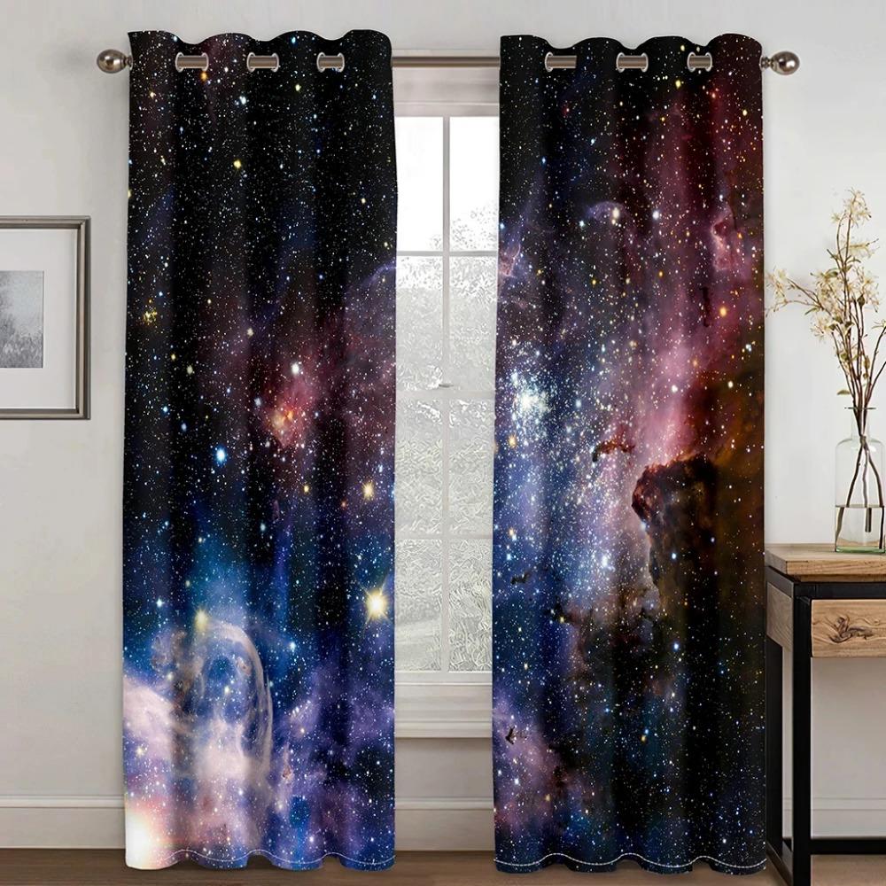 Three D Printed Cartoon Space Galaxy Star Design Pattern Thin Semi Light shading Window Curtain for Kid Childern Boy Bed Room Living Room Home Hook