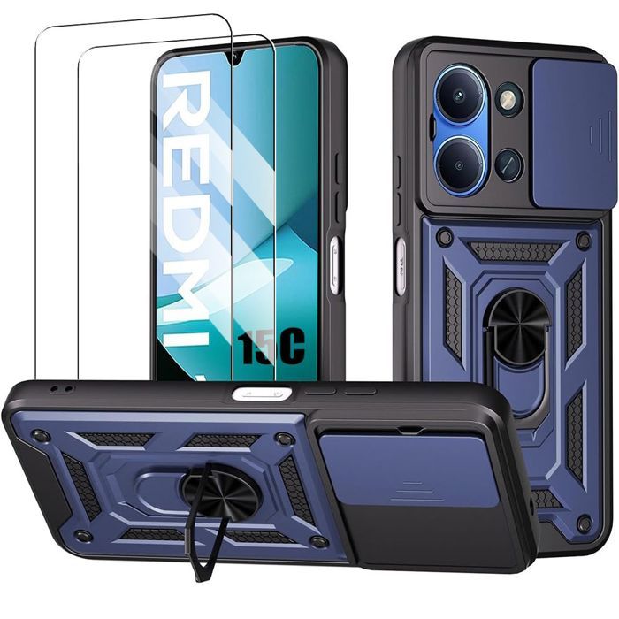 Coque Rigide - E.F.CONNECTION - pour Xiaomi Redmi 15C 4G/5G - avec Cache Caméra - Bleu Marine - 2 Vitres