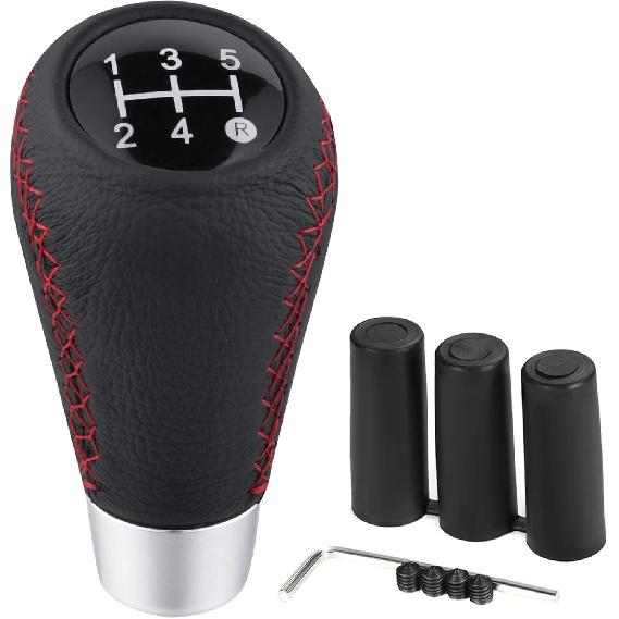 Arenbel Shifter Knobs 5 Speed Car Gear Stick Leather Shifter Lever Handle Fit Most Manual Vehicle, Black Leather