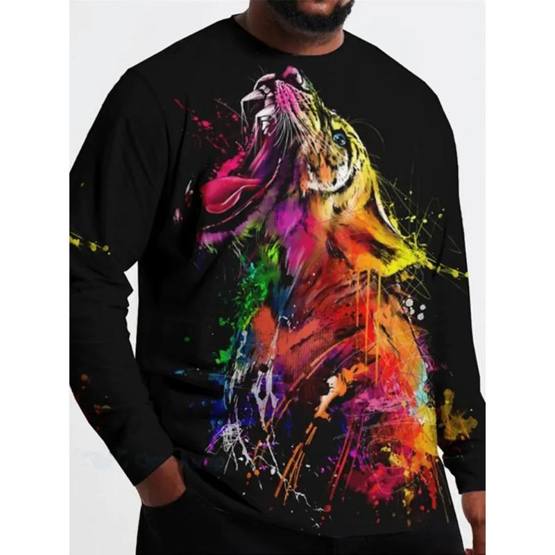 Spring and Autumn Round Neck 3D Lion Pattern Printed Top Fashionable Casual Long Sleeved Men's T-shirts