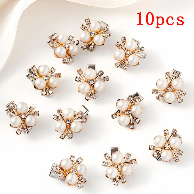 10Pcs Sparkling Flower-Shaped Crystal Pearl Button Pearl Hairpins Headwear Clip Rhinestone Buttons