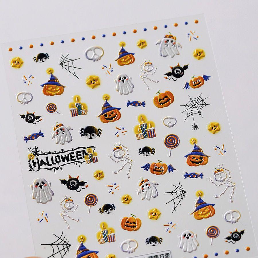 3D Halloween Nail Art Stickers: Cute Cartoon Pumpkin & Ghost Design