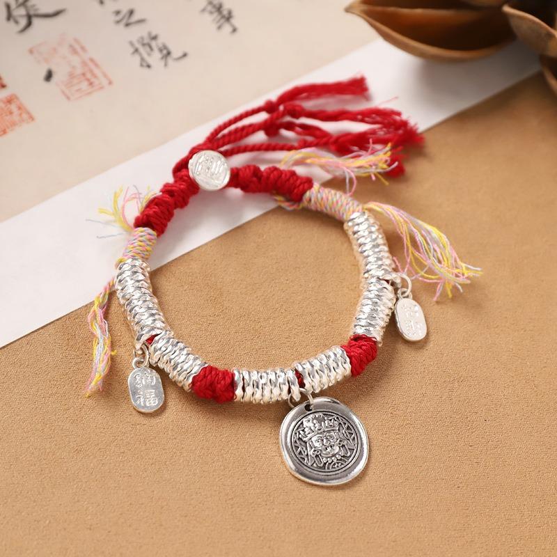 Tibetan Zakiram Hammer Silver Coil Bracelet Braided Red Hand Rope Retro Men's and Women's Bracelet