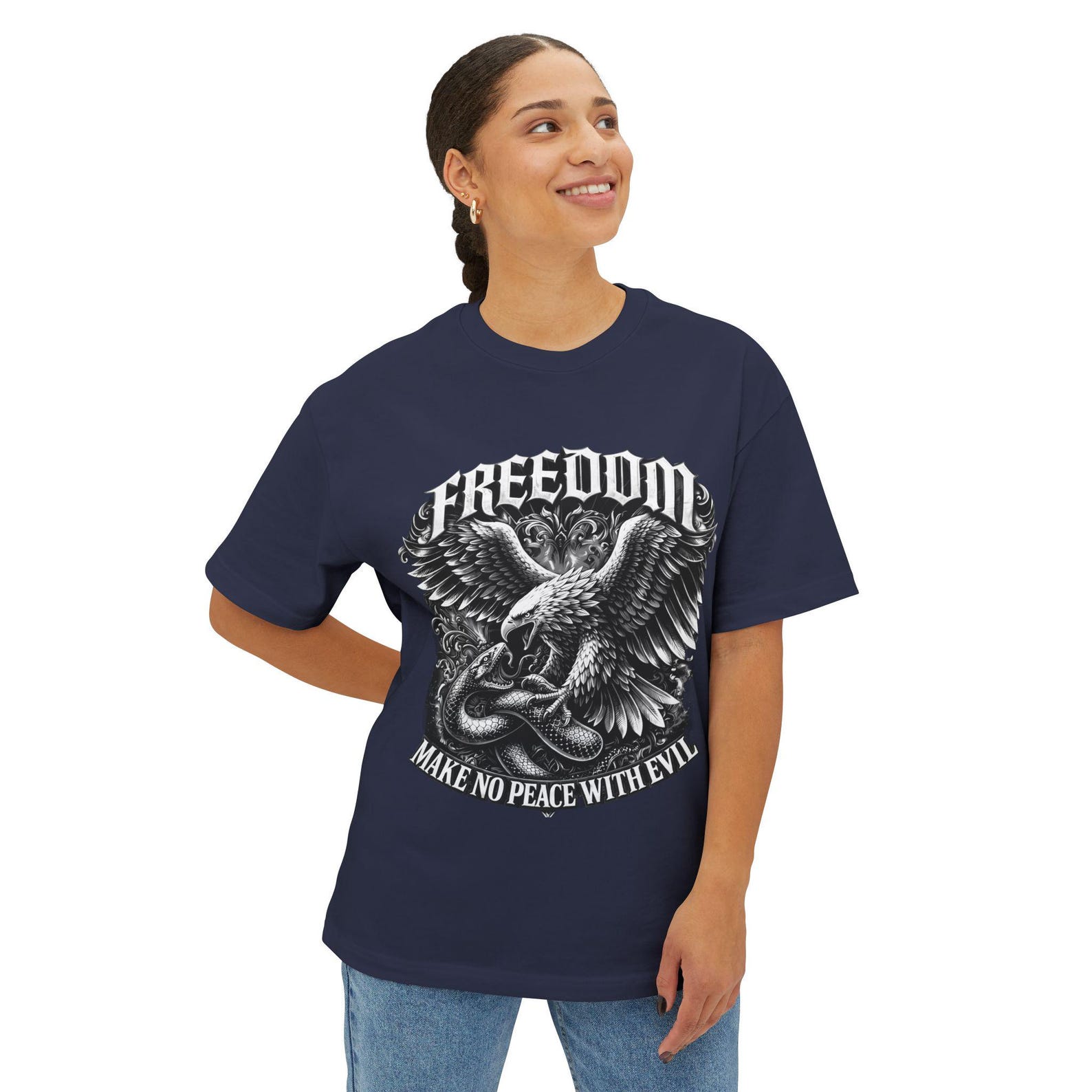Freedom Make no peace with evil Oversized boxy tee, Eagle with Snake,vintage Patriotic Shirt M