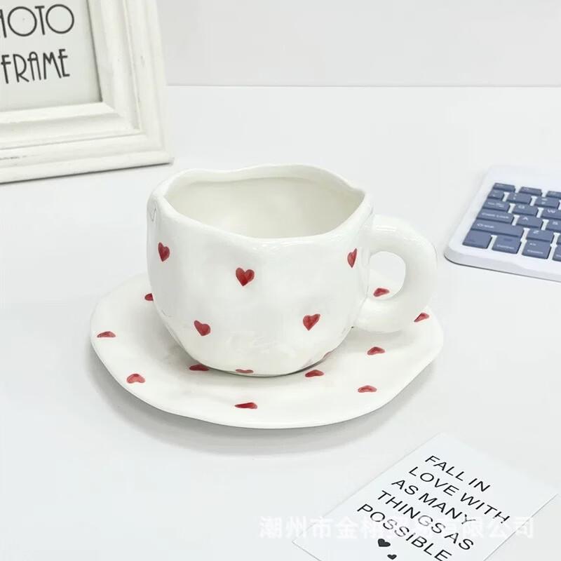 OLOEY Heart Coffee Ceramic Mug with Saucer Set