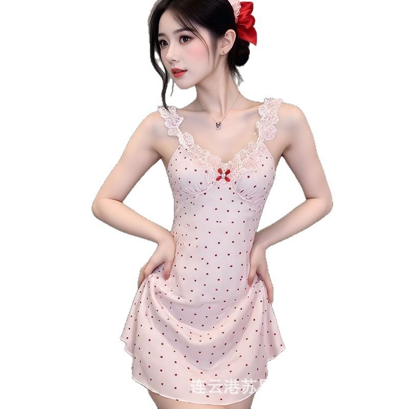 Sex Underwear Sexy Suspenders Summer Thin Ice Silk V-neck Lace Edge Vest Dress with Chest Pad Pure Desire Home Dress