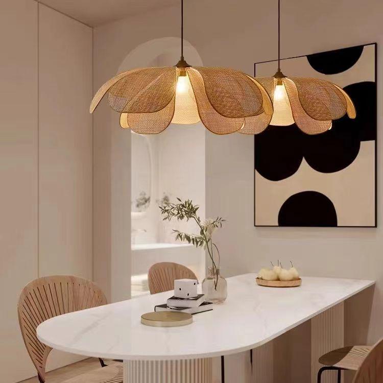 Handcrafted Rattan Petal Lamp: Wabi-Sabi Chandelier for Bedroom, Tea Room, or Restaurant.