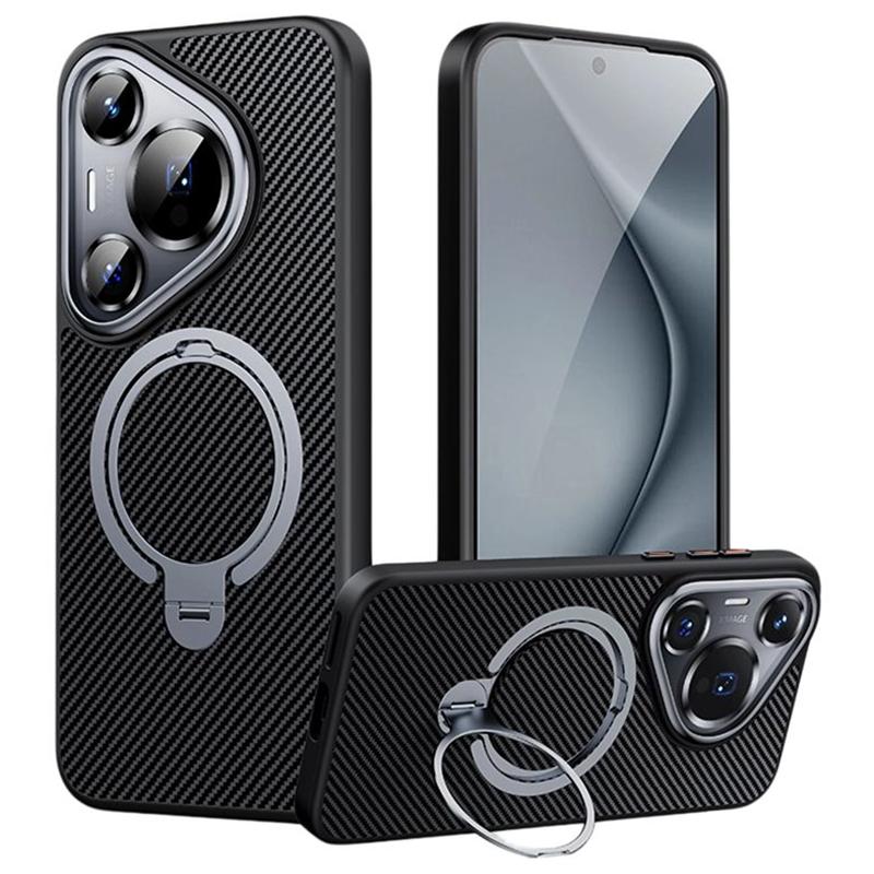 

For Huawei Pura 70 Case Compatible with MagSafe Carbon Fiber Texture PC+TPU Kickstand Phone Cover Silver