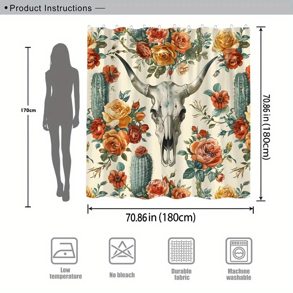 Southwest Elegant Shower Curtain - Bull Head Hanging Wall Decoration with Cactus and Flowers for Living Room and Bedroom