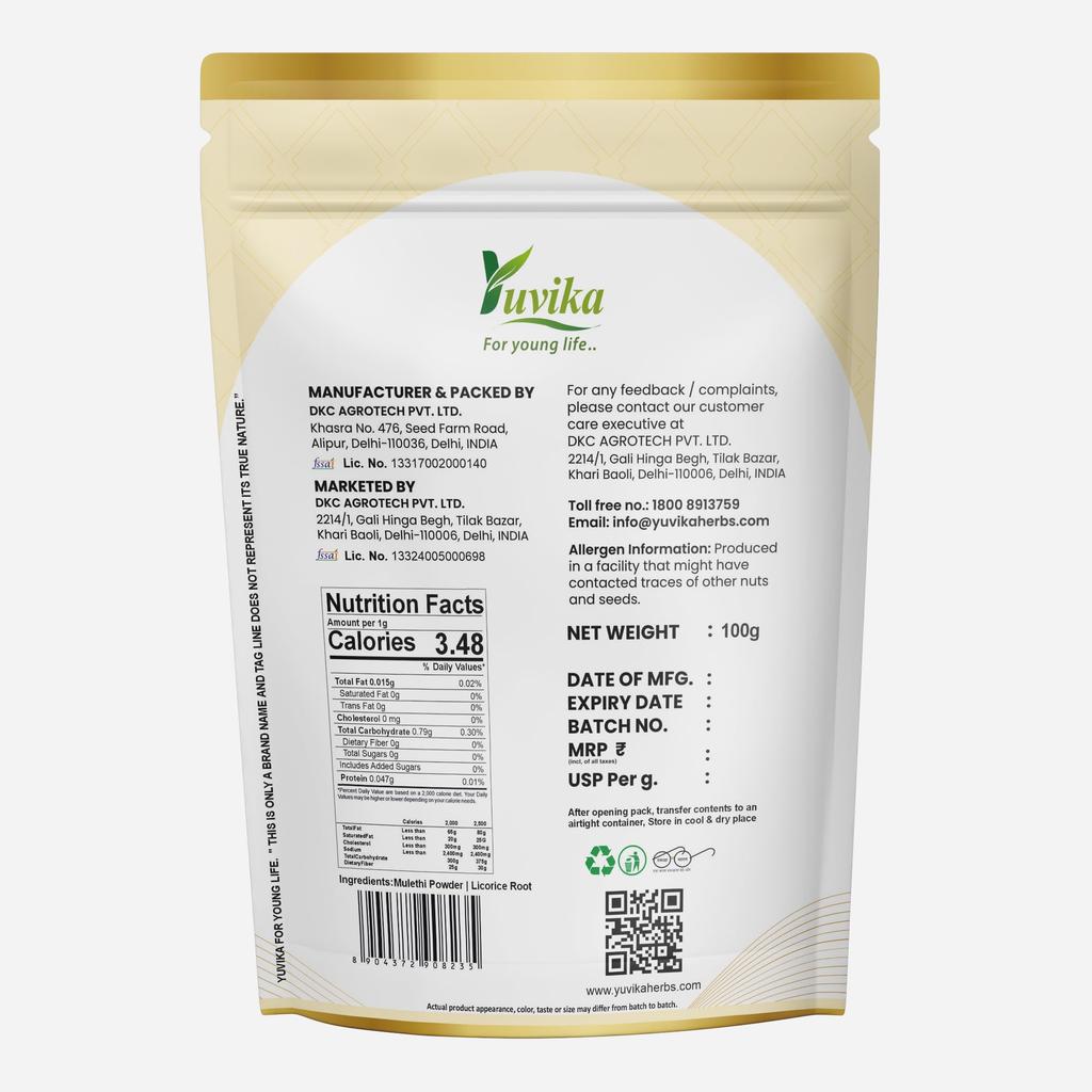 Yuvika Mulethi Powder - Glycyrrhiza Glabra - Yashtimadhu - Jeshthamadha - Licorice Root 100 Grams