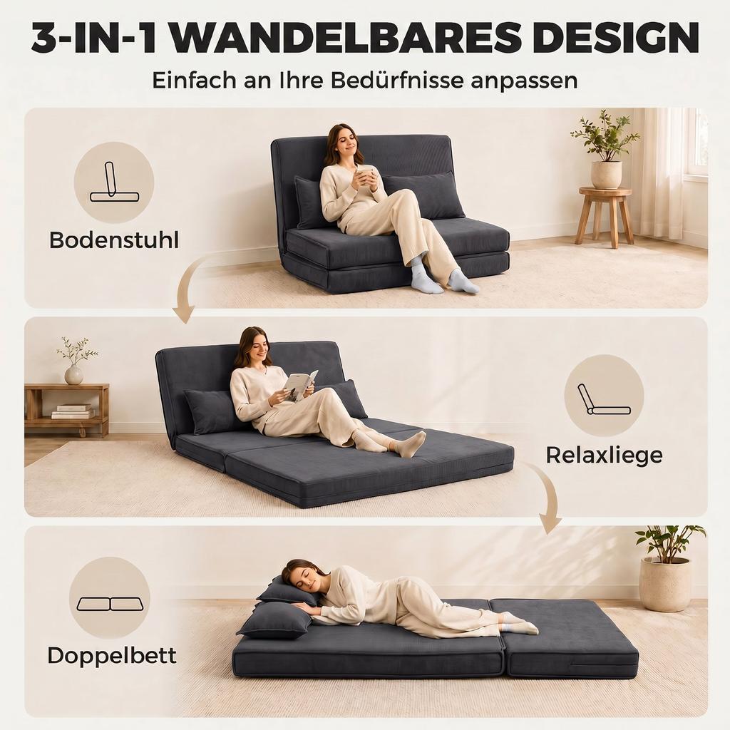 Floor Chair with Backrest, Corduroy Folding Sofa as Guest Bed, Adjustable Backrest, Wide Seat, Dark Grey