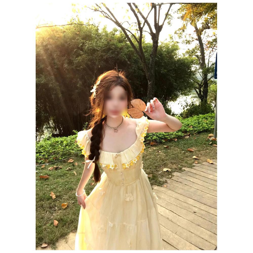 

Романтичное синее цветочное платье женское летнее отпускное длинное платье темпераментная трехмерная вышивка цветами XL- (recommended 110-60kg) светло-желтого