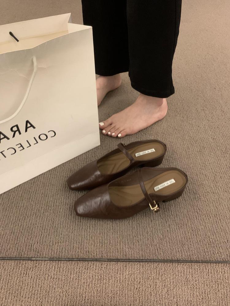 French retro bag head half slippers women's summer wear Korean version of gentle style evening shoes thick heel muller shoes half tray single shoes