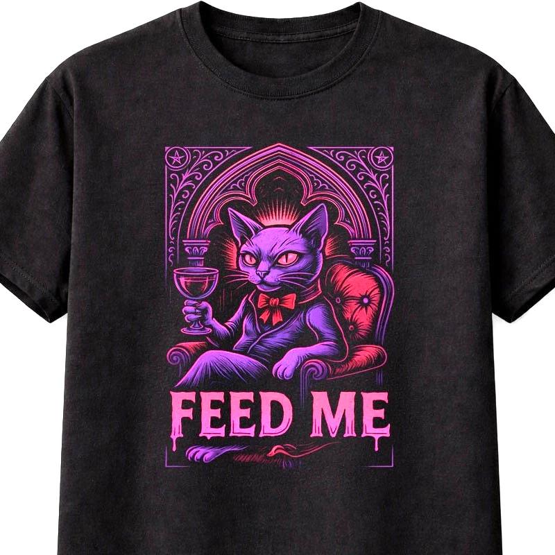 Gothic Vampire Cat T Shirt Feed Me Neon Funny Humour Tee Unisex S5XL S