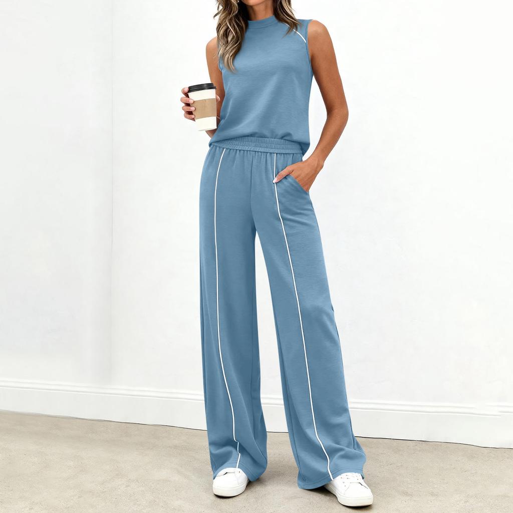 Women's Casual Fashion High-Neck Sleeveless Top And Wide-Leg Trousers Set