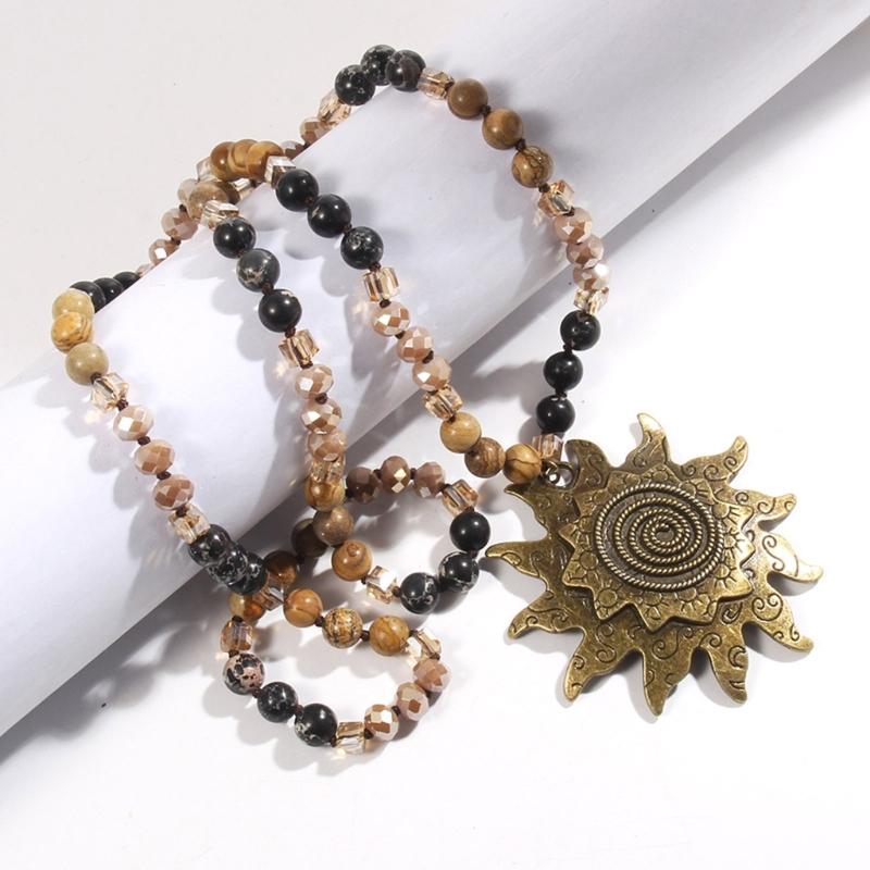 Vintage Bohemian Style Necklace Featuring 8mm Natural Stone and Glass Beads Unique Sun Pendant Neckchain for Women