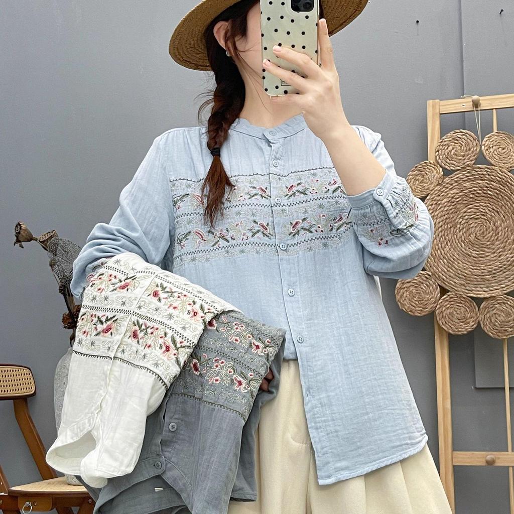 Elegant Retro Cotton Double Layer Gauze Stand Collar Embroidered Long Sleeve Top for Women